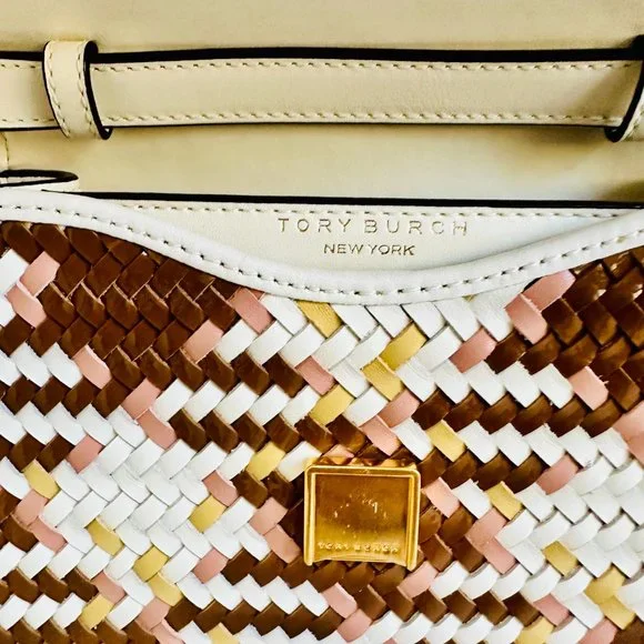 TORY BURCH LEATHER WOVEN BRITTEN SMALL SADDLE CROSSBODY BAG